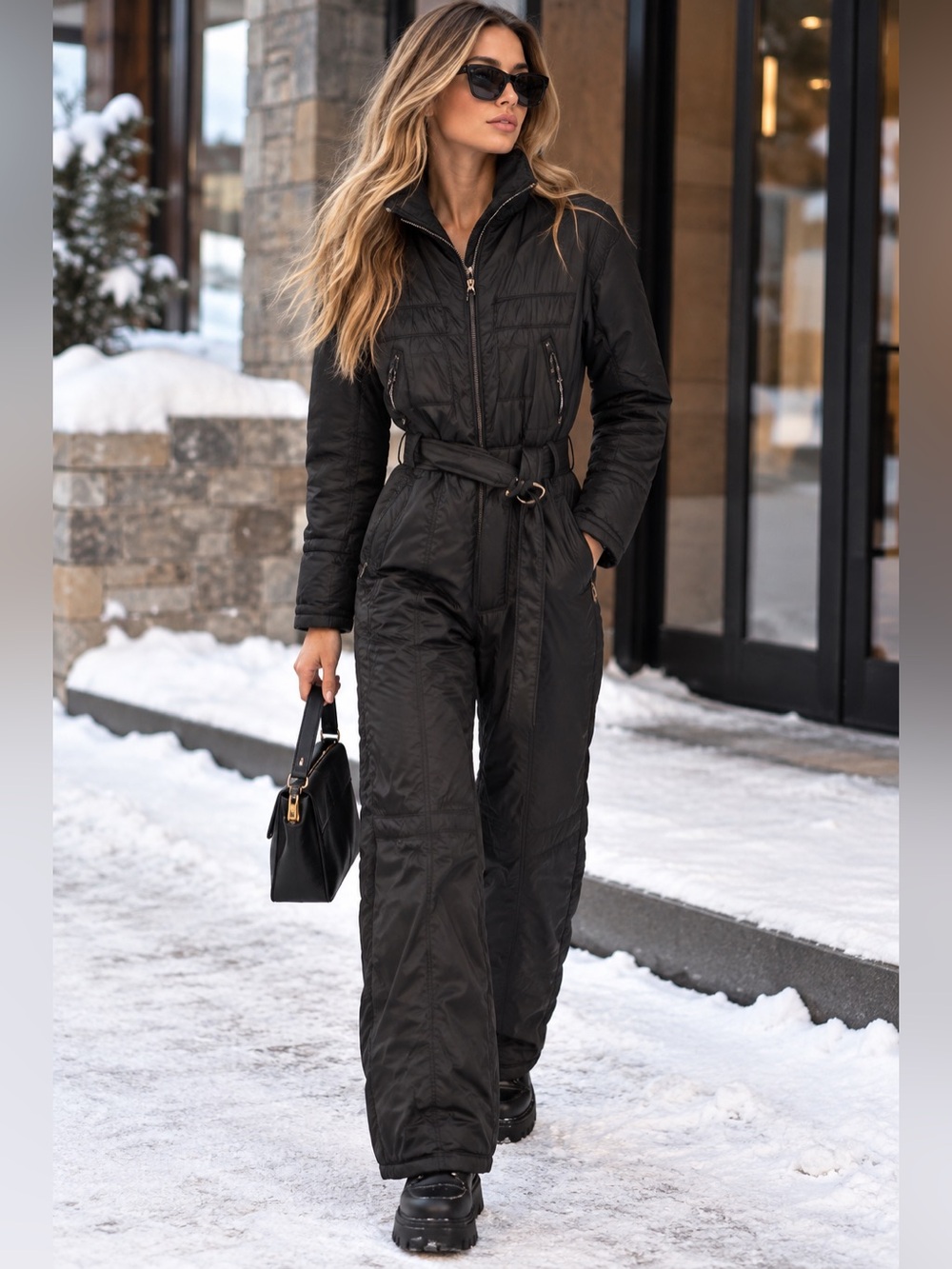 Vintage Black Quilted Belted Jumpsuit